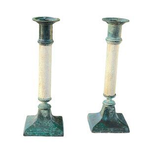 Set of Rustic Vintage Patina Cottage Metal And Wood Candle Holders‎ 8in Tall